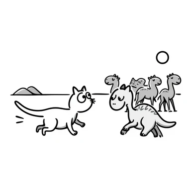 A white cat chasing a T-Rex in the desert with a herd of camels staring at them sticker
