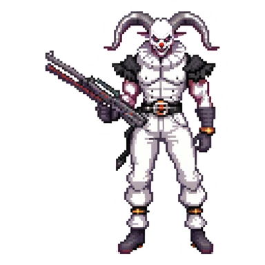 full-body muscular demonic clown, battle-ready, black and white leisure suit with bellbottom pants, bald, black ram horns, flashy black and white belt, ruffled white shirt, no neck tie, large fangs, holding very large futuristic rifle sticker