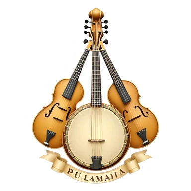 Design a sophisticated, festive, and professional emblem-like emoji representing both plucked and string instruments. The composition should resemble a heraldic crest, featuring a harmonious blend of instruments like a banjo, mandolin, domra, sitar, and others. The necks of these instruments should intertwine gracefully with a flowing ribbon of musical notes, wrapping around the strings and headstocks. The instruments should be artistically detailed, with decorative fretboards, intricate inlays, and ornate carved elements. The overall design should evoke a sense of elegance and craftsmanship, with a color palette of gold, deep wood tones, and rich accents. Include subtle highlights to create depth and dimension, with ornamental flourishes like laurel branches or swirling patterns around the central instruments. The background should be transparent to allow the emblem to stand alone. sticker
