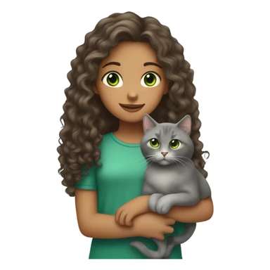 Long Curly hair girl with brown eyes holding a grey cat with green eyes sticker