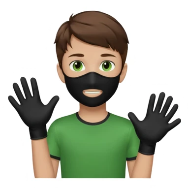 Chico de pelo marrón y ojos verdes. Con un cubre bocas negro, que tiene una camisa verde por encima de una remera blanca, y tiene un guante negro en una sola de las manos. sticker
