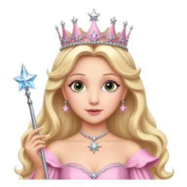 glinda the good witch from wicked movie (ariana) blonde hair, beautiful, big silver thin tiara, star wand, pink gown sticker