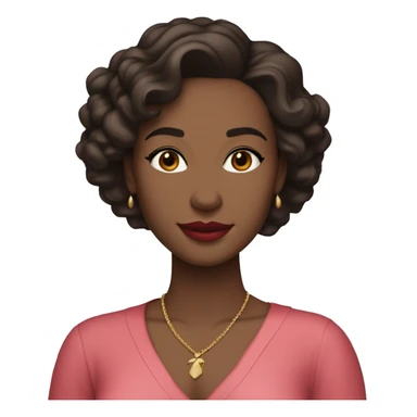 She has soft features, fair skin, and almond-shaped eyes. Her defined eyebrows and natural pink lips frame her face. Her dark, wavy hair is partially tied back, giving her an elegant yet relaxed look. She wears a luxurious red V-neck dress.
 sticker