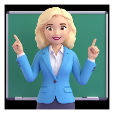 3D cartoon businesswoman, medium-length styled hair (bun or soft waves), expressive eyebrows, cheerful smile, confident and approachable, light-colored blazer over light blue collared shirt, one hand on whiteboard, other hand pointing sideways, professional, neutral indoor background sticker