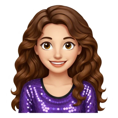 30 yr old italian woman, long brown wavy hair, big brown eyes, huge smile, sequin shirt, no bangs,  sticker