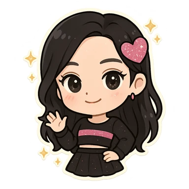 chibi sticker of Jisoo from BLACKPINK, black and pink colors, cute and collectible style, with glitter and sparkles sticker
