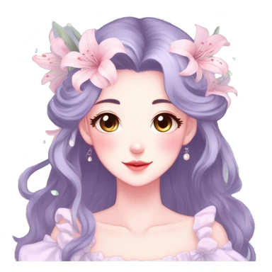 Gorgeous pastel anime style lady with blushing face and lilies cottagecore fairycore pastelcore colorful pearly romantic simplistic aesthetic trending style sticker