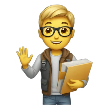 boy designer holding laptop and book waving hi sticker