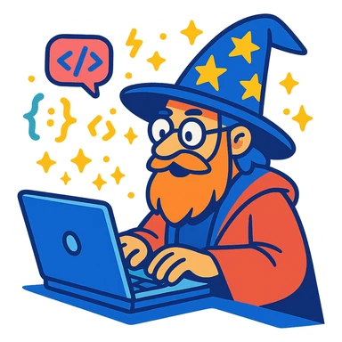 wizard coder wearing a robe and wizard hat typing on a laptop with magical code symbols floating around, vibrant toon style, cartoonish, colorful, dynamic sticker
