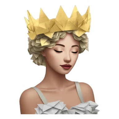  lady wearing melting golden crown vaporwave made of 420 origami newspaper roses hemp leaves lantern fairy lights burning paper vaporwave sticker