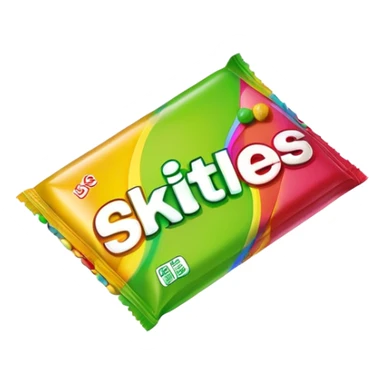Minimalist flat design of a Skittles package. Rainbow colored simple rectangular package with just a few green round candies. Clean lines and minimal details. sticker