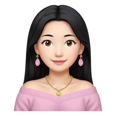 South Korean girl in her mid-thirties with long black hair and a middle part. She is wearing a baby pink, off the shoulder long sleeve knit sweater. She has small gold earrings and a gold necklace. She has brown eyes with narrow, mono lid shape and smiling with lips together sticker