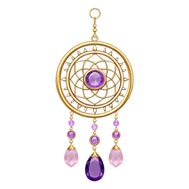 Epic Hanging gold suncatcher, threads with shiny sparkly amethyst and rose-quartz gemstones,  sticker