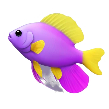 royal gramma tiny fish with purpleish pink front face and half front of body, neon yellow back half and black dot on top fin sticker