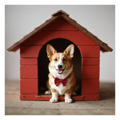 realistic red dog house with a Corgi dog inside, Corgi with a bow, photorealistic style sticker