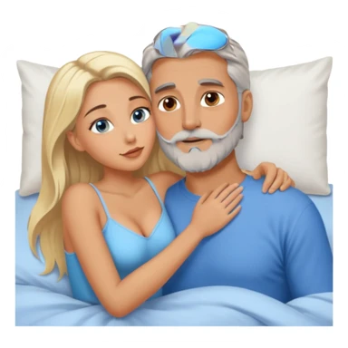 Cuddling Man with hazel eyes and gray beard kissing sexy  blonde blue-eyed  woman in bed sticker