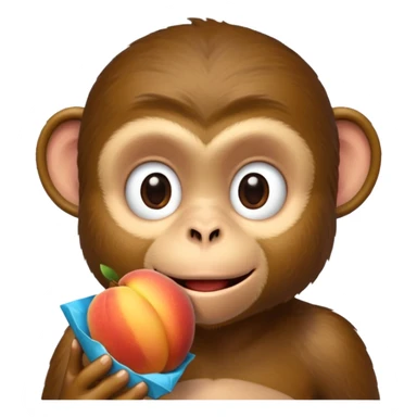 monkey sitting on a bench and eating peach and chocolate sticker
