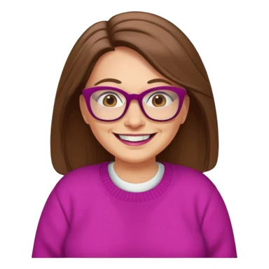 50 yr Caucasian woman, long brown hair parted on side, brown eyes, glasses, big smile, white teeth, fuscia sweater, chubby sticker
