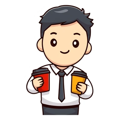 Tired Korean male office worker with coffee sticker