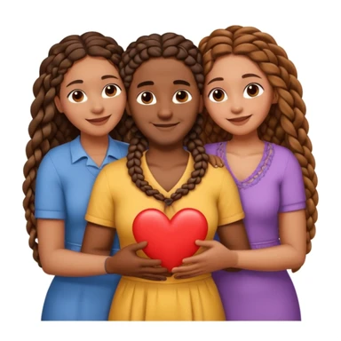 A throuple, with one tall large brown skinned black man with a low cut, a brown skinned large woman with long hair, and a brown skinned woman with braids, embracing each other, heart emoji sticker