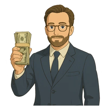 ghibli style illustration of Nikolai Astrup, Norwegian politician, holding a pack of money in his hand sticker
