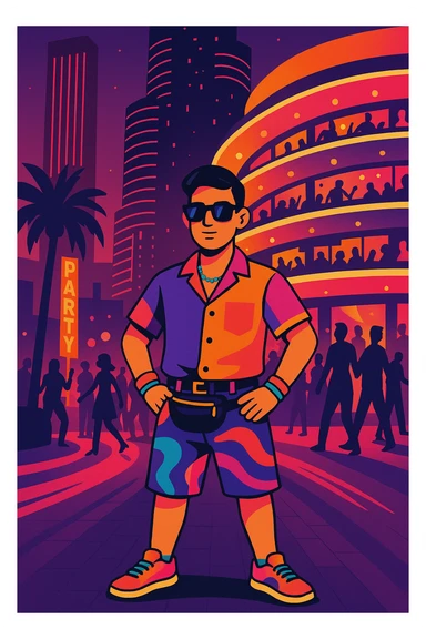 Make the man look funky and stylish, wearing vibrant, mesmerizing clothes and trendy accessories. Pose him confidently with an eye-catching and fashionable look suitable for a party scene, in a vibrant toon style. sticker