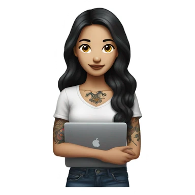 beautiful girl, with arm tattoos, with long black hair, wavy hair, chinese, with laptop sticker