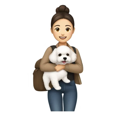 A hair-in-a-bun Asian woman, with brown hair, carrying a cute and happy Bichon Frise at the airport  sticker