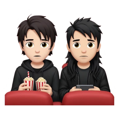 pale Goth boy with a bunch of face piercings, with shaggy dark brown hair, next to a tan skin gamer boy with long black hair , they are watching a movie in the theater together  sticker