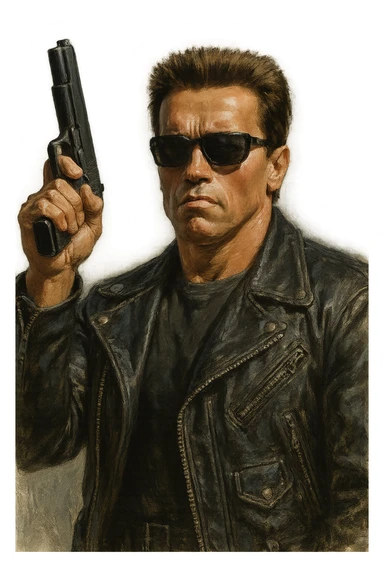 Arnold Schwarzenegger as the Terminator, holding a raised gun, realistic painted style sticker