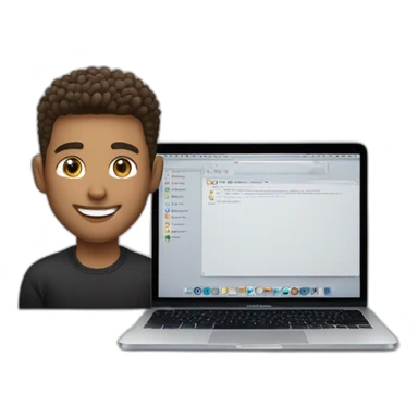 Smiling guy, barber fade haircut, wearing a black quarter zip sweater with white tee shirt under, tan skin tone, working on a MacBook Air sticker