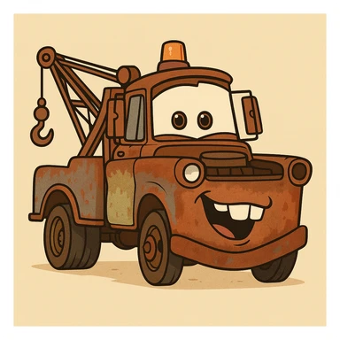 friendly rusty tow truck, cartoon style, Mater from Cars sticker