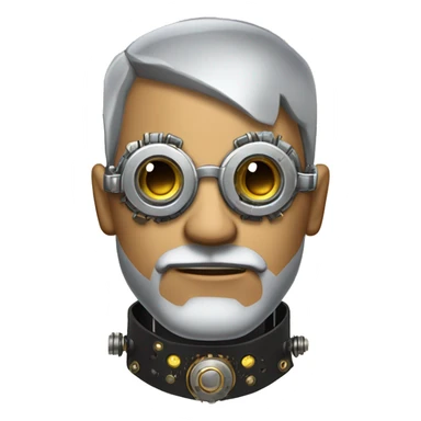 Tan shaved male Latino cyborg head with grey beard, silver steampunk monocle goggles and circuits sticker