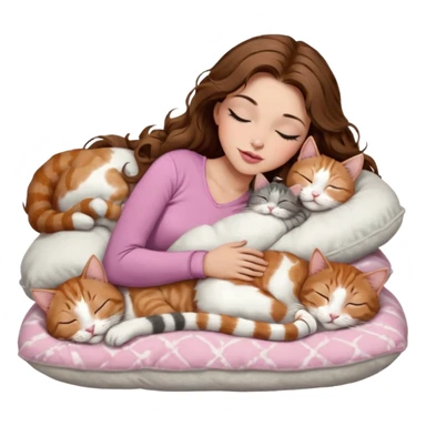 girl with long wavy brown hair, brown eyes, long lashes makeup, sexy pink lips, light to medium complexion,  sleeping on a cozy pillow, with 6 cats: 1 brown and white tabby cat, 1 ginger and white, 2 grey and white, 1 grey with white mittens and small white patch on chest and 1 calico, sleeping sticker