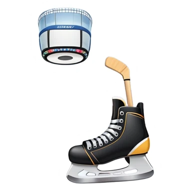 Please, make An icon featuring The background shows a packed stadium with cheering fans, bright arena lights, and an icy rink and close-up shots of key hockey equipment: a hockey stick, puck, and skates. Transparent background highlights the essentials of the game and the thrill of the sport. sticker
