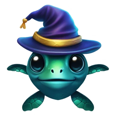 Dark iridescent sea turtle glowing with a wizard hat sticker