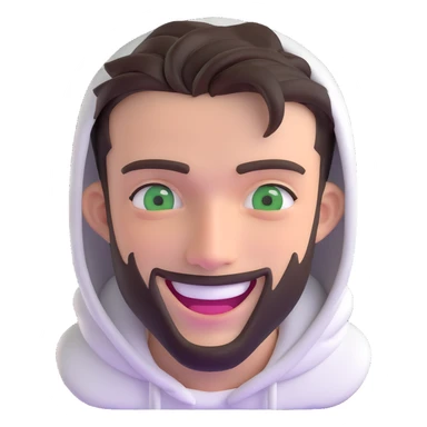 laughing guy with white hoodie, green eyes, dark brown undercut hairstyle and a short full beard sticker
