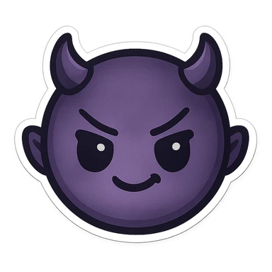 devil emoji in chibi style with gothic palette black and purple, tiny horns, cute but mischievous expression sticker