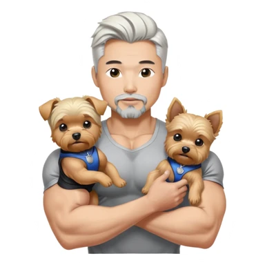  Holding silver blonde yorkie Korean Asian handsome man with black pointy hair full goatee and body builder biceps sticker