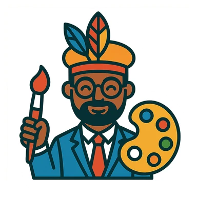 a chief of creative character, professional yet imaginative, with artistic elements like a paintbrush and palette, vibrant toon style sticker