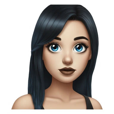 Hyperrealistic drawing white girl blue eyes and long black hair with rainbow fringe. Wearing black crop top and has dark eye makeup on her eyes sticker