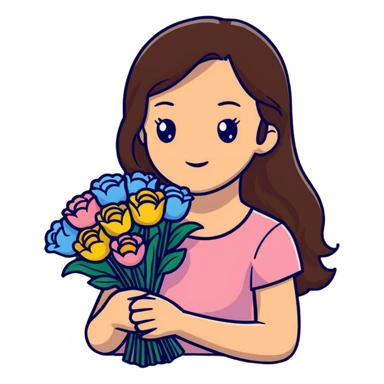 A cool girl with long brown hair and fair skin holding a bouquet of flowers sticker