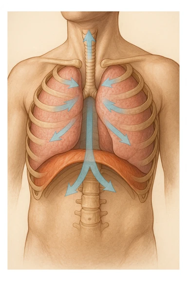 A realistic, high-quality anatomical illustration showing a human torso with visible rib cage and diaphragm. The ribs are shown in a decompressed, expanded state, allowing full lung expansion, while the diaphragm is depicted as relaxed and lowered, indicating deep, efficient breathing. Soft blue and warm tones highlight airflow and lung capacity, with light arrows illustrating the air movement during diaphragmatic breathing. The image conveys a sense of calm, openness, and optimal breathing mechanics, useful for physiotherapy, breathing education, and osteopathic learning contexts sticker