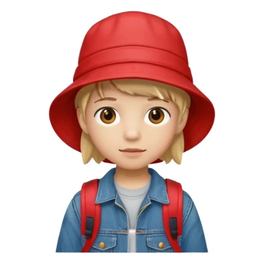A little student with red bucket hat, jean jacket, backpack sticker