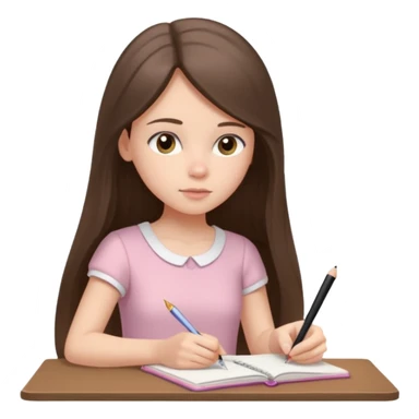 white brunette teen long hair with hazel eyes in a light pink dress writing in a notebook sticker