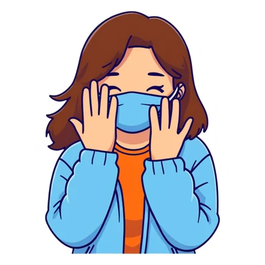 brunette girl with brown hair wearing pastel blue clothes covering her face with her hand sticker