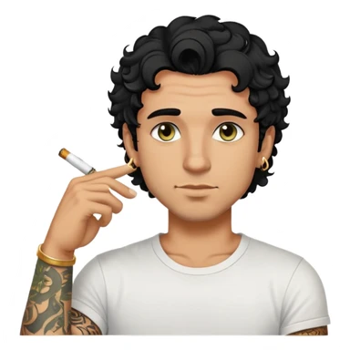 Italian guy with tanned skin, curly black hair, short bob, with stubble, olive-colored eyes, with a gold ring earring in his left ear, wearing a white T-shirt, with a black tattoo on his forearm, smoking a cigarette. sticker