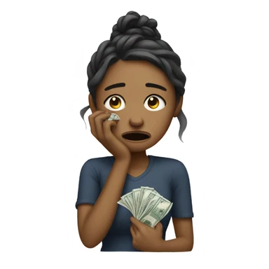 Crying woman using money to wipe sticker