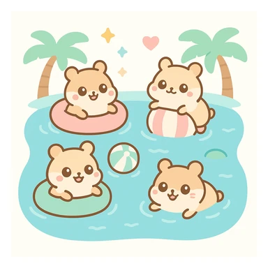 adorable hamsters swimming and playing in a pool, surrounded by palm trees and pool toys, cheerful and lively scene sticker