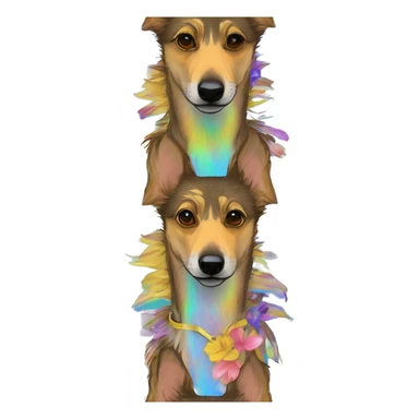  brindle brown black maroon striped lurcher Alsatian fox running blue eyes and iridescent holographic oilslick harness wearing paper iridescent tropical flower crown yellow caution tape sticker